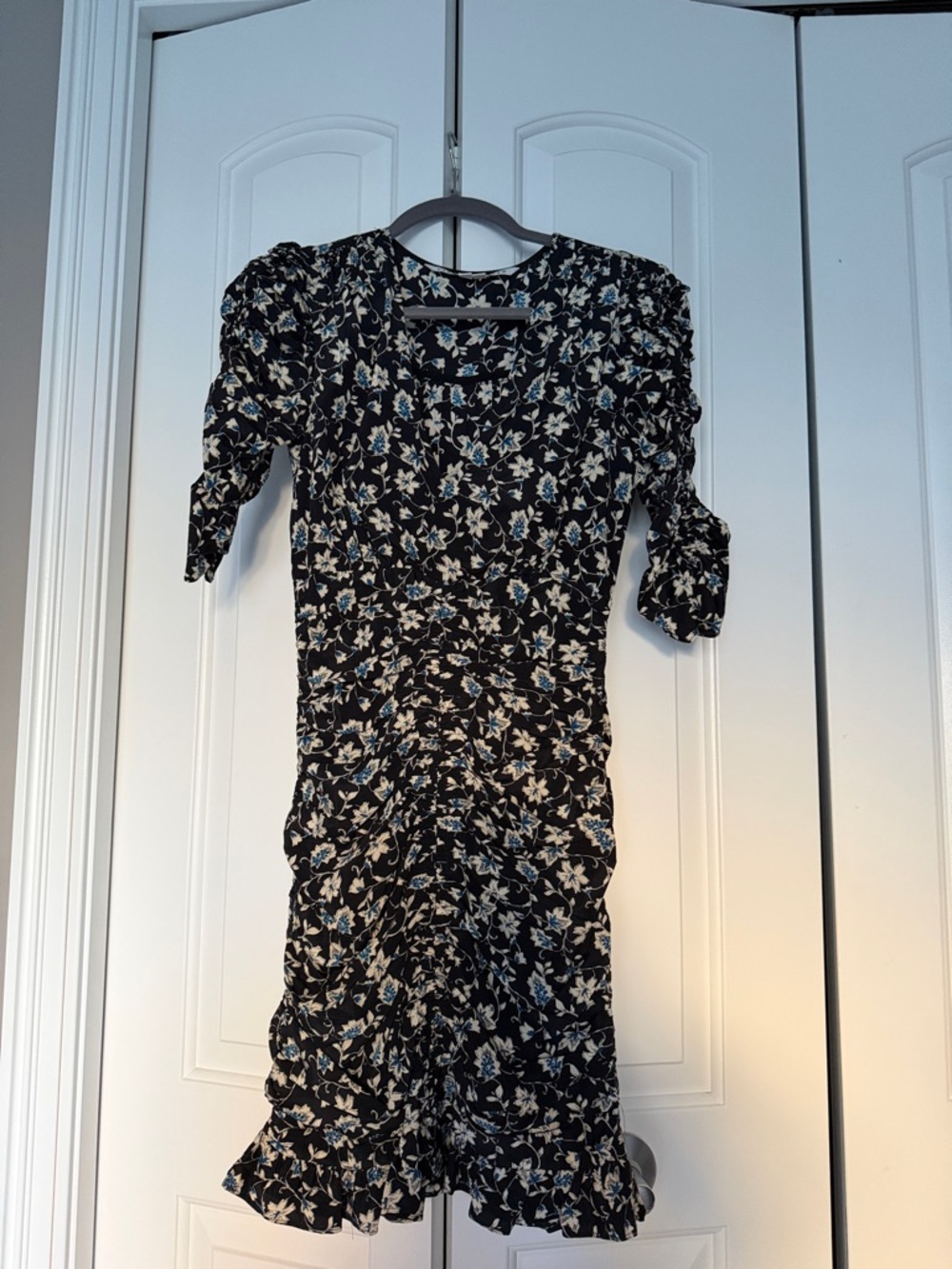 Veronica Beard Black Floral Midi Dress with Cream & Light Blue Blooms